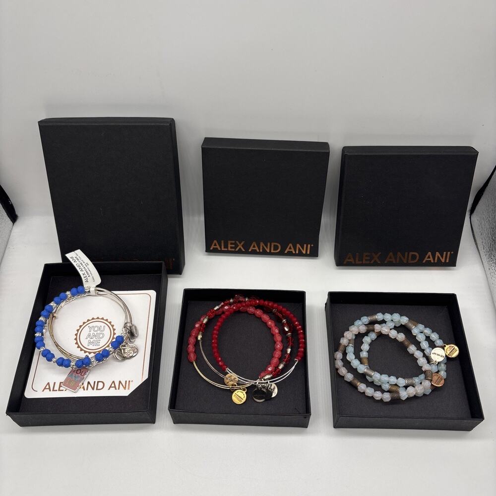 Alex and Ani Beaded Bangle Bracelet Lot of 3 Sets Blue Red Crystal NWT With Box